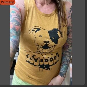 NWT screen printed SAVE DOGS rescue mustard yellow womens festival tank top